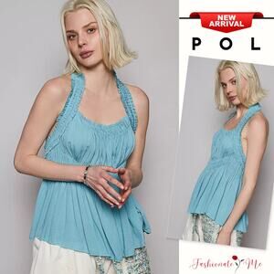 POL Backless Halter Neckline Sleeveless Smocking Shirring Detail Tank Top | Blue